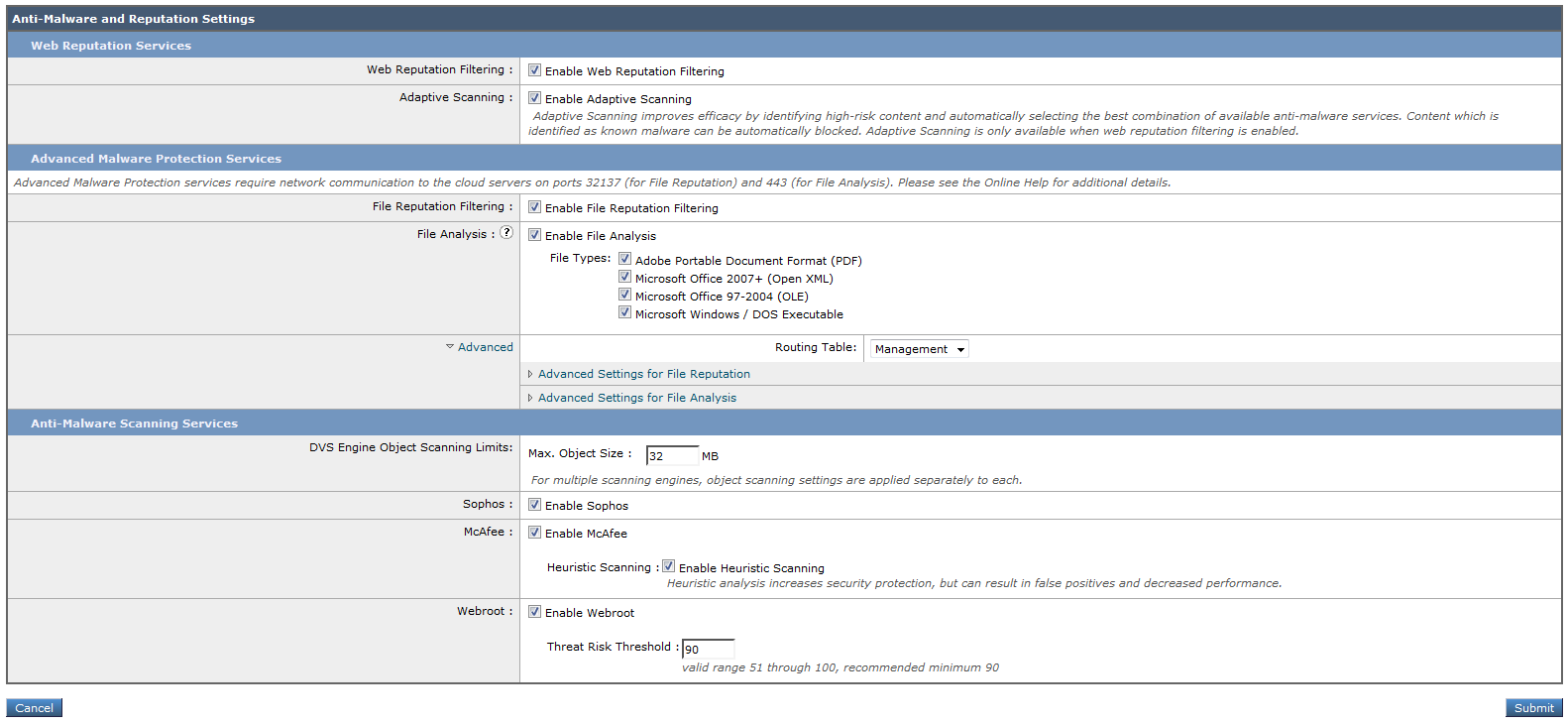 Screenshot of (part of) one screen from the Cisco WSA, showing a confusing variety of 'anti-malware' options.