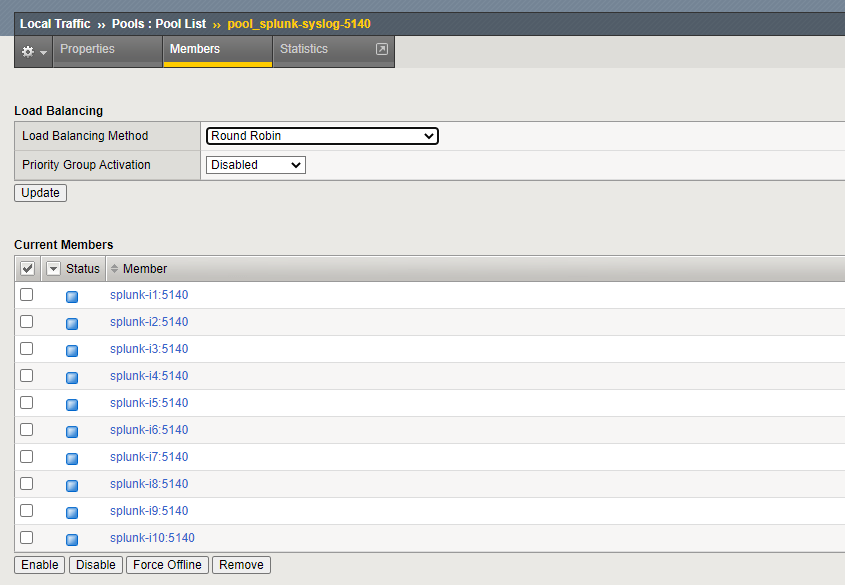 F5 Pool. Not for swimming. Shows all indexers, being checked on UDP port 5140.