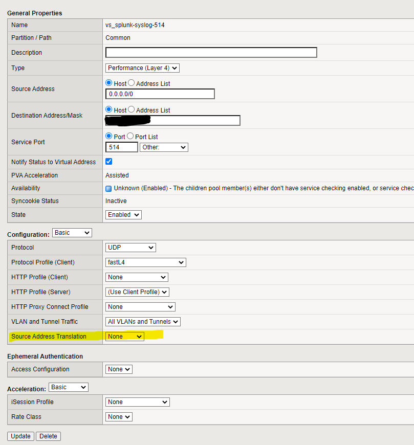 F5 virtual server. Highlighted is the address translation selection, to remind you to disable any sort of NAT.