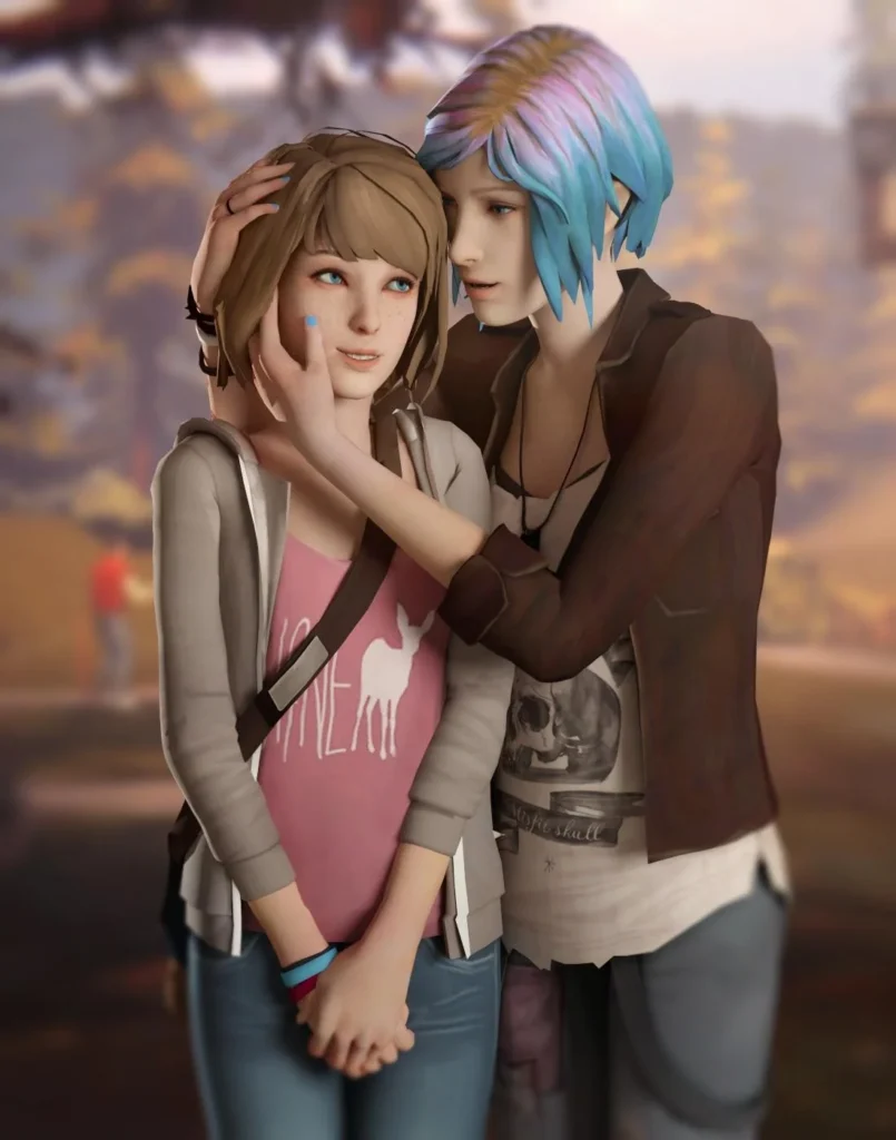 Max Caulfield, a brunette high school student, is standing next to her bestie Chloe Price, who is slightly taller and has blue-and-violet hair.